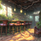 Serene bar with plants, wooden stools, and sunlight filtering in