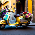 Colorful flower-adorned scooter on cobblestone street with man walking by old buildings