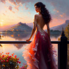 Woman in Pink Gown Admiring Sunset Lake View