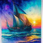 Colorful Sunset Seascape Painting with Sailing Ship
