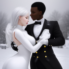 Historical couple dancing in snowfall