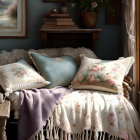 Vintage Bedroom Corner with Floral Pillows, Fur Throw, Wooden Bench, Framed Pictures, and Flower