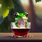 Vibrant green frog with red eyes perched on glass rim above brown liquid