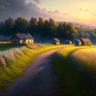 Tranquil rural sunset landscape with winding path and cottages