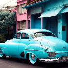 Vintage Teal Car Parked in Front of Matching Colored Old Buildings