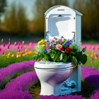 Colorful Flowers in Open-Lid Toilet Surrounded by Vibrant Garden