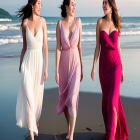 Three Women in Elegant Gowns on Reflective Surface with Boats and Skyline