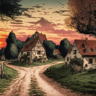 Half-timbered houses, dirt path, trees, vibrant sunset with orange and red hues