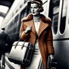 Vintage attired woman with briefcase and purse at train station