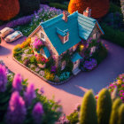 Miniature house with vibrant garden and brick pathway