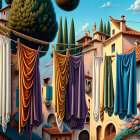 Vibrant Street Scene with Colorful Drapes and Houses