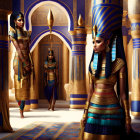 Three individuals in ancient Egyptian attire in ornate temple