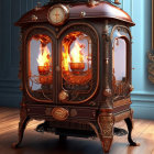Steampunk fireplace with copper gears on blue wall