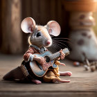 Anthropomorphic mouse playing guitar in red shirt on wooden surface