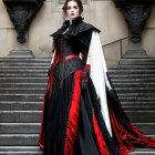 Gothic-inspired woman in red and black outfit on stairs