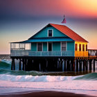 Serene sea sunset with wooden pier and colorful house