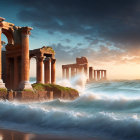 Ancient columns ruins with crashing waves and dramatic sunset