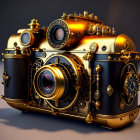 Steampunk-Inspired Camera with Metallic Detailing and Multiple Lenses