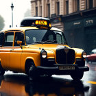 Yellow Taxi with Headlights on Wet Street on Rainy Day