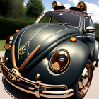 Vintage teal Volkswagen Beetle with steampunk modifications under clear blue sky