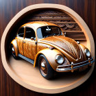 Vintage Car Artwork: Intricately Patterned Volkswagen Beetle in Oval Wooden Frame