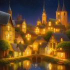 Colorful Fantasy Village Illustration with Glowing Windows, Starry Sky, and Reflective River