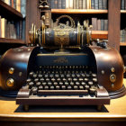 Intricate steampunk-style typewriter on wooden desk surrounded by books