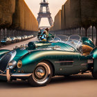 Vintage Teal Sports Car Parked with Eiffel Tower Background