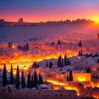 Golden-lit sunset over ancient city skyline with domes, cypress trees, and walls