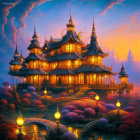 Illuminated palace with flowering trees under twilight sky