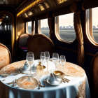 Luxurious Train Dining Car with Set Table and Scenic Views