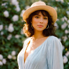 Stylish Woman in Sunhat and White Dress on Abstract Green Background