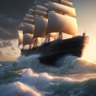 Tall ship with unfurled sails navigating turbulent sea at sunset