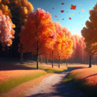 Vibrant autumn forest with winding path and colorful leaves