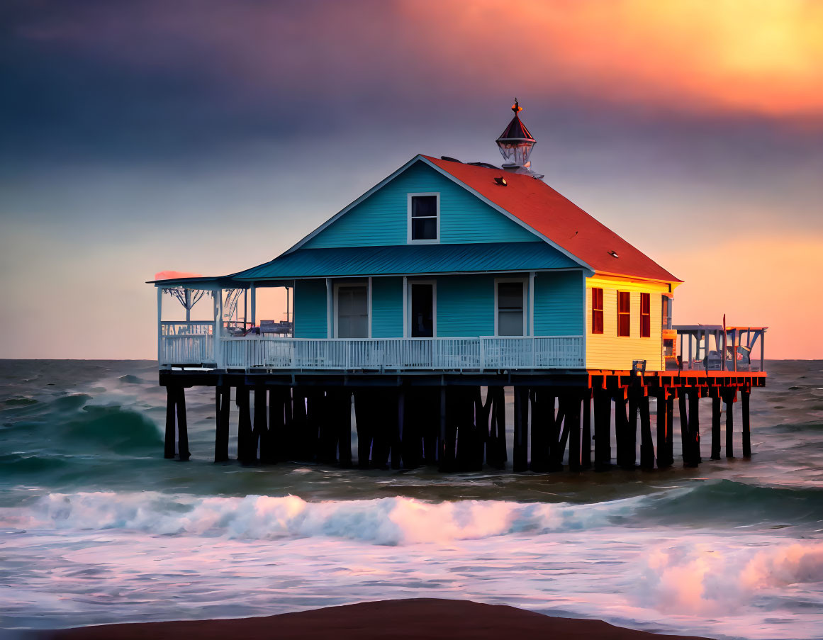 Serene sea sunset with wooden pier and colorful house