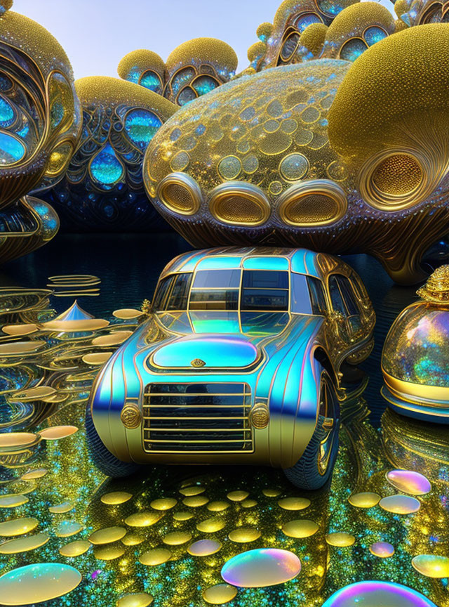 Reflective Futuristic Car in Surreal Landscape with Golden Orbs and Blue Glow