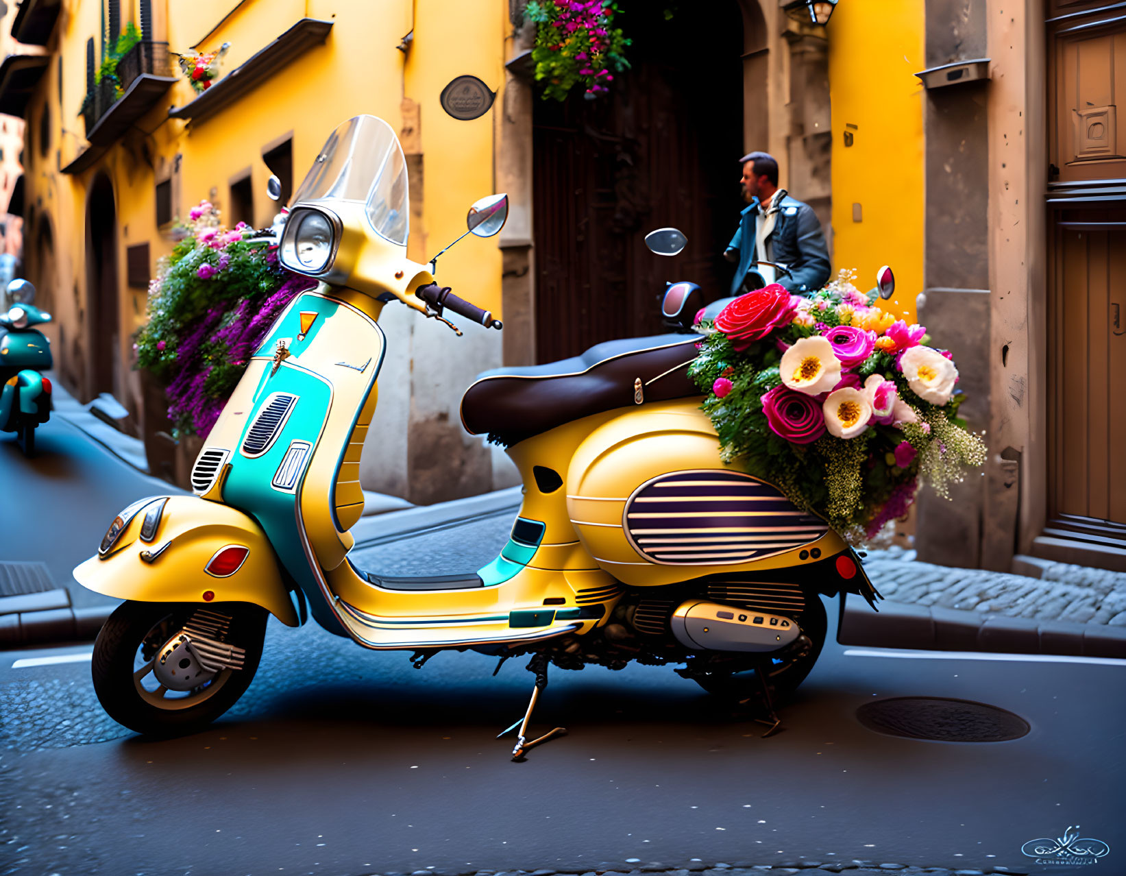 Colorful flower-adorned scooter on cobblestone street with man walking by old buildings