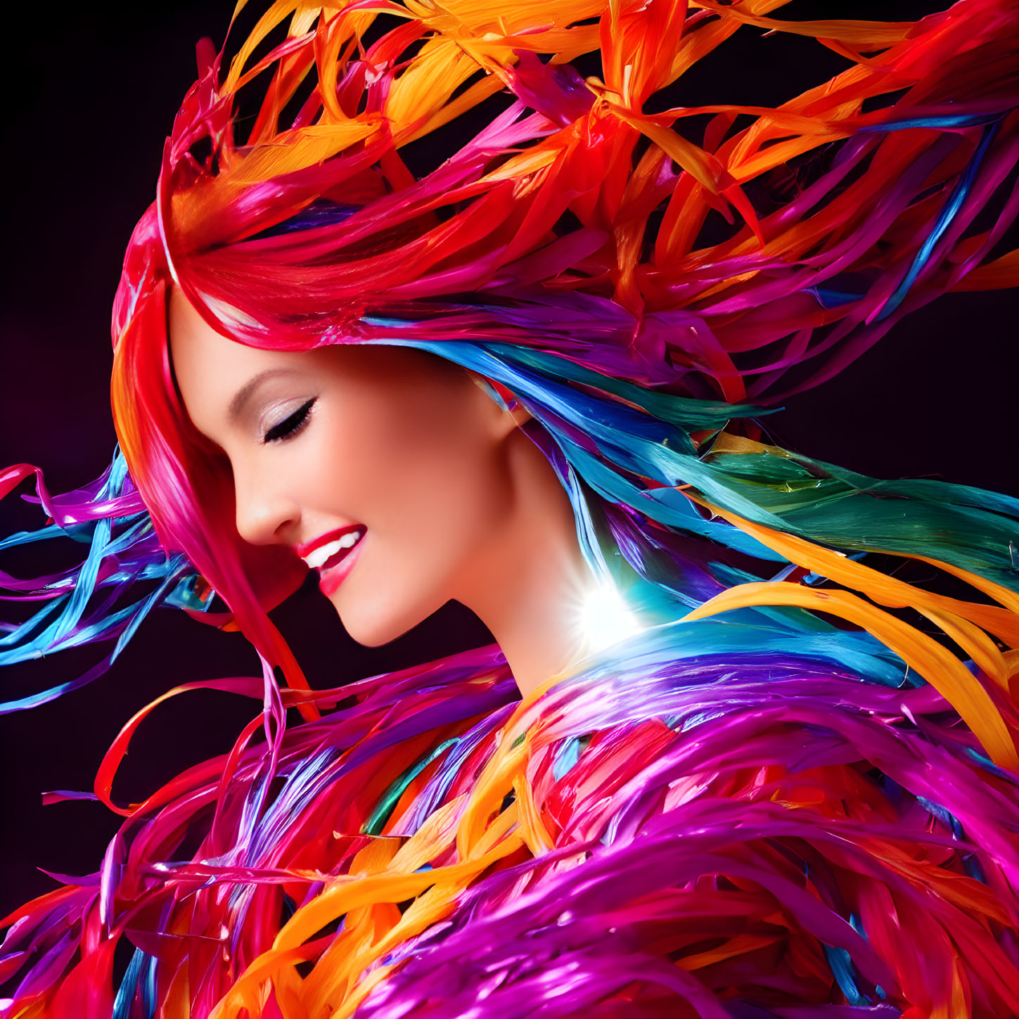 Colorful flowing hair on woman against dark background