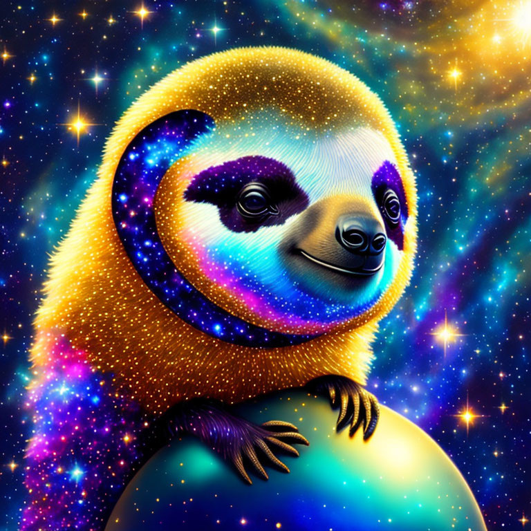 Colorful Sloth Illustration with Cosmic Fur Pattern and Celestial Globe