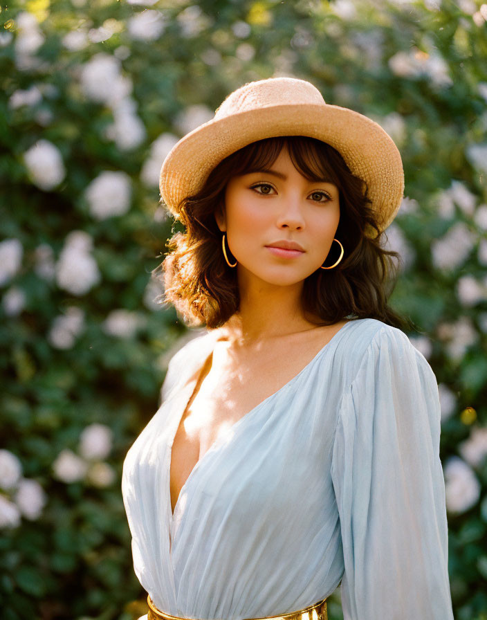 Woman in straw hat and blue dress against green leafy background