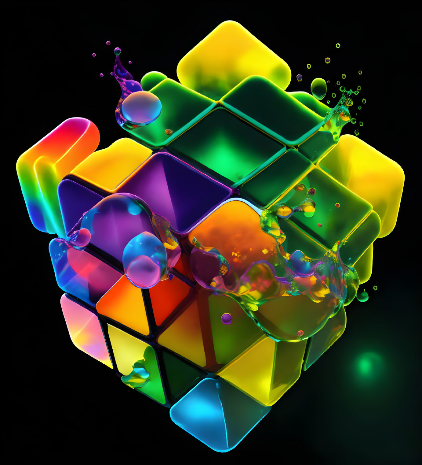 Vibrant 3D Rubik's Cube with liquid splashes on dark backdrop