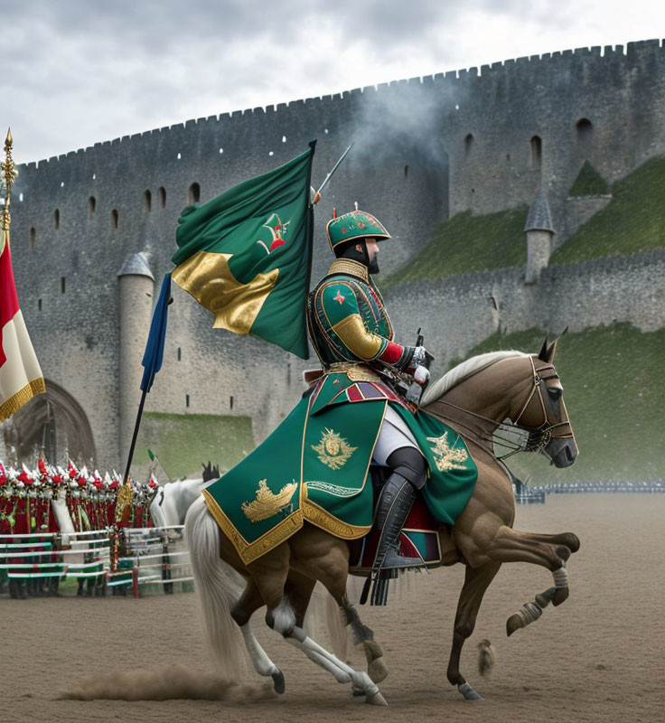 Historical military rider on horse with flag, soldiers, and castle scenery.