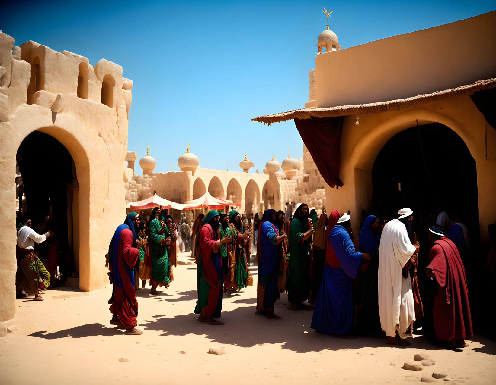 Traditional Attire Gathering in Sunny Desert Market