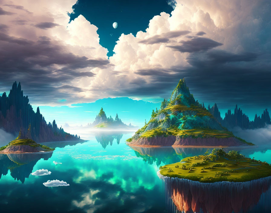 Fantasy landscape with floating islands, lush greenery, cascading waterfalls, turquoise water, fluffy