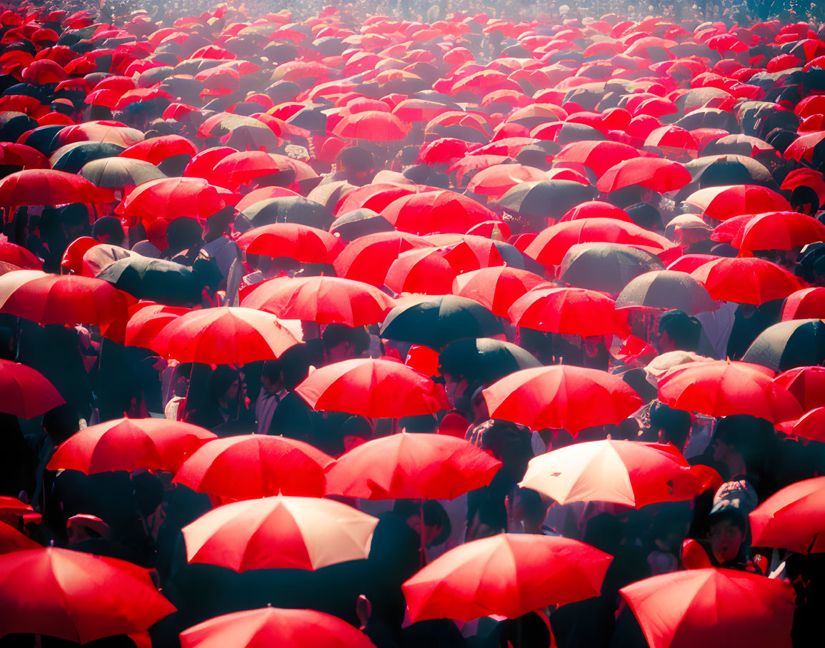 Crowd under hazy glowing light with red umbrellas