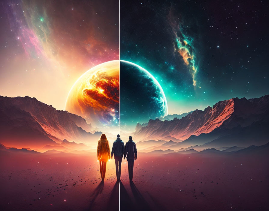 Split-image of couple in cosmic sky with alien landscapes.