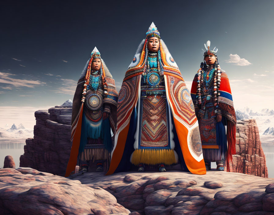 Three individuals in elaborate Native American attire on rocky terrain with mountainous backdrop.