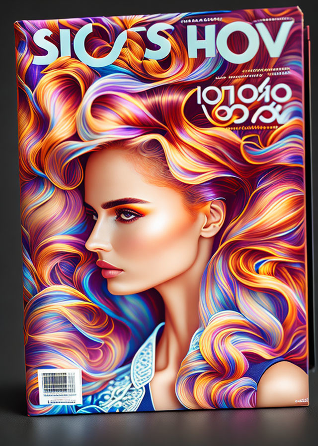 Colorful Magazine Cover: Woman with Multicolored Swirling Hair