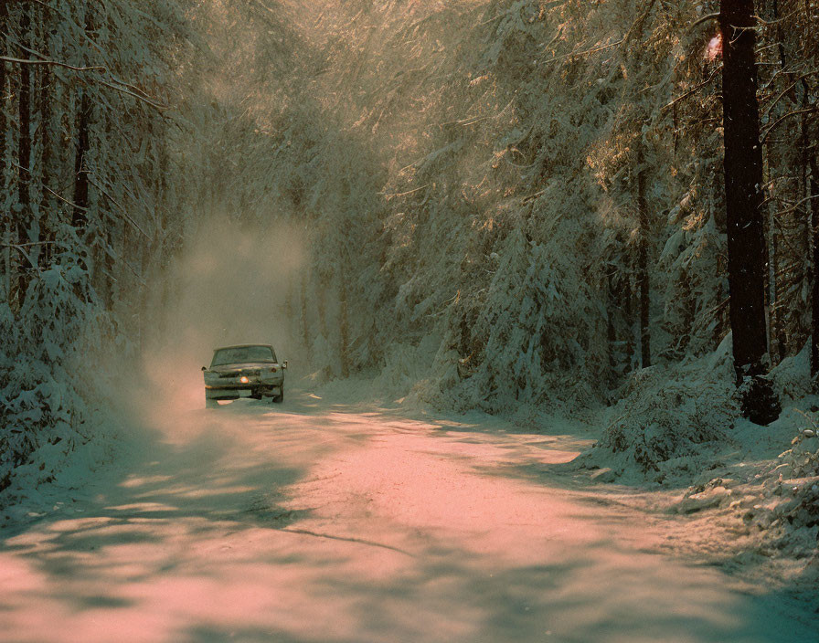 Snowy forest scene: Car driving through sunlight-lit trees in misty setting