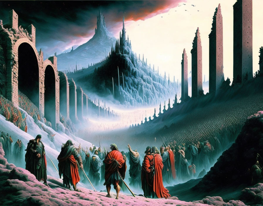 Cloaked Figures in Fantastical Landscape with Towers and Dramatic Sky